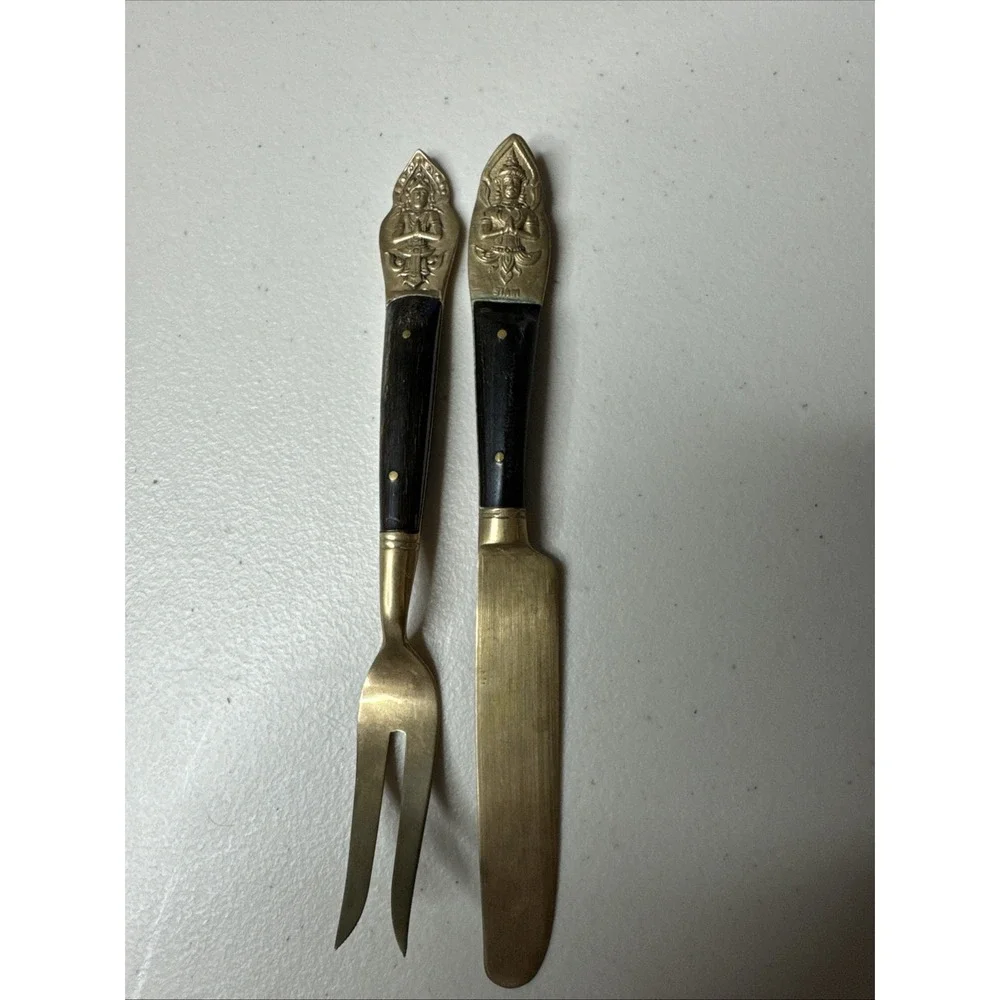 Siam Thailand Praying Buddha Brass Wood Fork Knife‎ 6